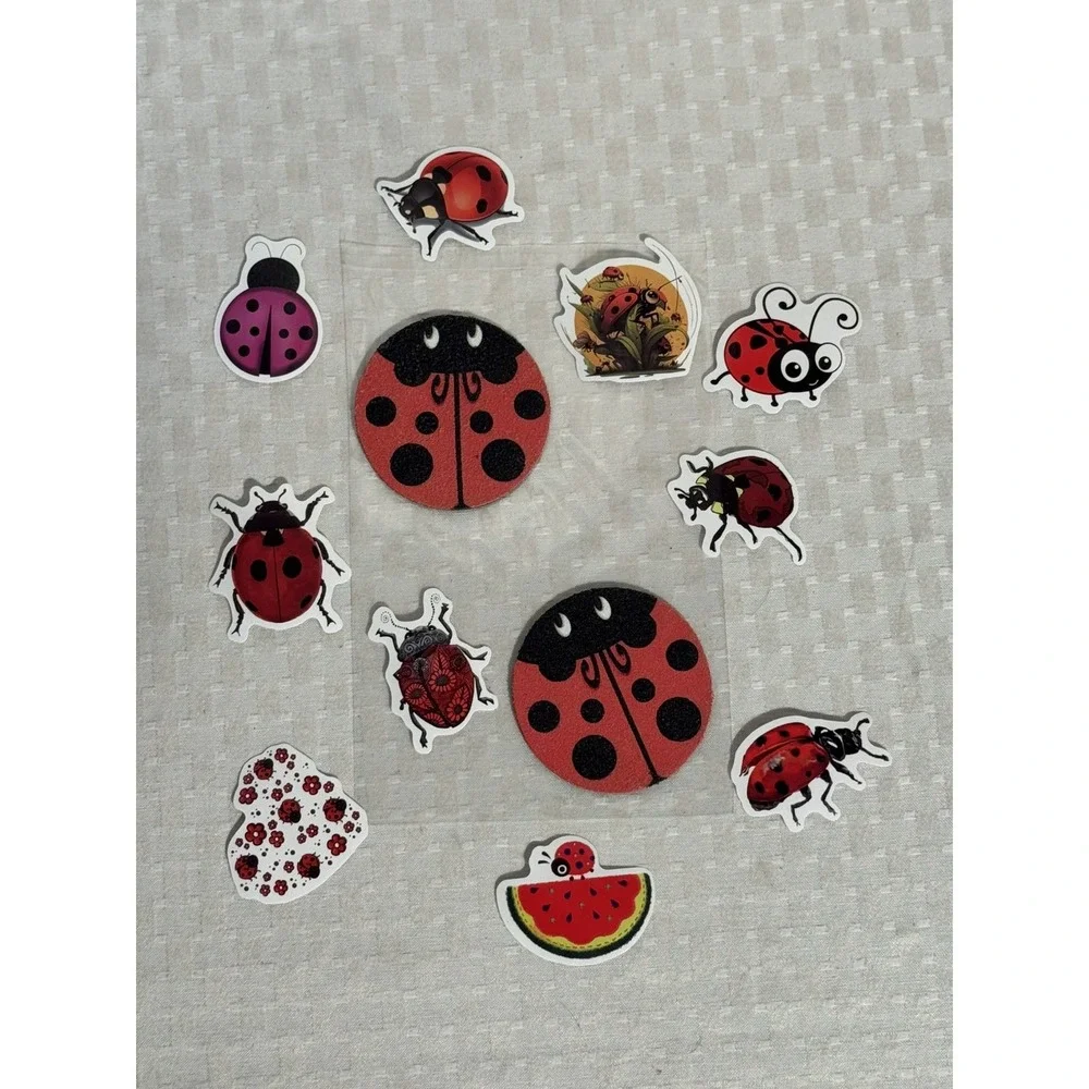 2 Ladybug Neoprene Fabric Round Car Coasters For Cup Holder & 10 Stickers Set